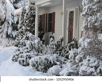 House And Deck In The Lower Hudson River Valley Of New York State, Covered With With Snow.