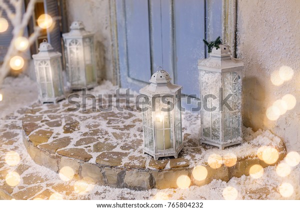 House Decorated Christmas Luminous Lanterns On Royalty Free