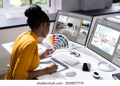 House Designer Using Office Computer. Real Estate Design