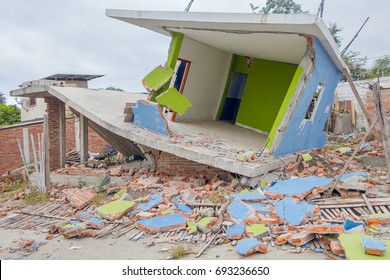 House Destroyed By The April 16Th, 2016 During The Earthquake Measuring 7.8 On The Richter Scale, South America, Manta Ecuador