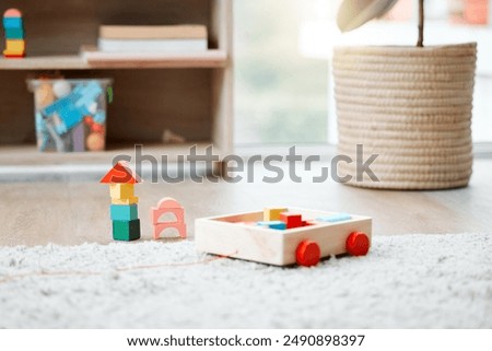 House, development and empty playroom for learning with toys and creative space, chalkboard or furniture for games. Home, lounge and background for playtime or homeschool education with mockup