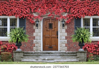 House with elegant wood grain front door and red ivy in fall - Powered by Shutterstock