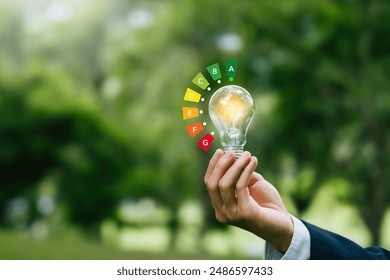 House energy efficiency or energy saving rate for reduce carbon footprint. Hand hold light bulb with energy efficient rating class concept to save cost green energy on green nature background. - Powered by Shutterstock