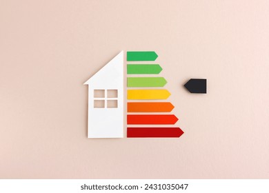 House with energy efficiency scale made with hand cut paper - color image for ecological housing, bio energetic house, energy class - Powered by Shutterstock