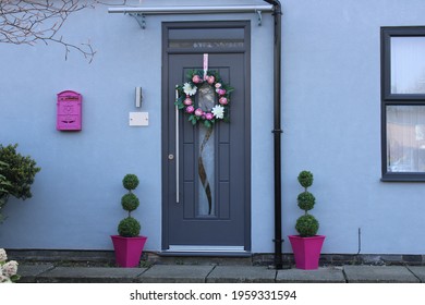 House Entrance In Grey And Pink. Kerb Appeal Concept