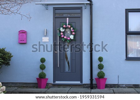 House entrance in grey and pink. Kerb appeal concept