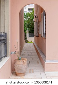 House Entrance Private Alley With Potted Plant And Dark Pink Walls. Garden With Orange Tree Inside.