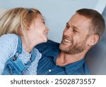 House, father or happy daughter laughing with hug, love or care to relax together with single parent or wellness. Joke, face or proud dad in family home with support and smile with kid or funny girl