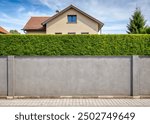 House fence consisting of a rough gray plaster wall and a hedge above. Porphyry sidewalk and paved street in front. Background for copy space.