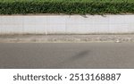 House fence made of prefab concrete wall, row of bricks on top and a hedge behind. Cement sidewalk and street in front. Background for copy space