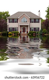 House With Flood Damage Concept With Water Reflections.