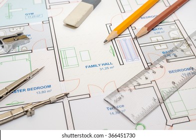 House Floor Plan With Drawing Compass And Pencil