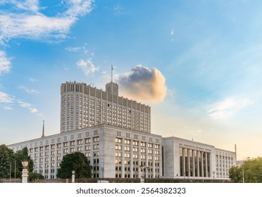 House of the government of the Russian Federation, White House, at summer sunset, Moscow, Russia. Translation of the inscription on the facade: House of the government of the Russian Federation