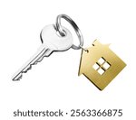 House key with gold metal house shaped keyring isolated on white background.