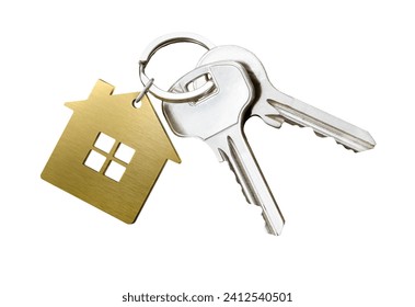 House key pair with gold metal house shaped keyring isolated on white background.