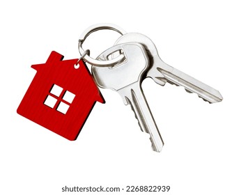 House key pair with red house shaped keyring isolated on white background.