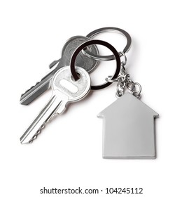 House Keys And Keychain On White  Background