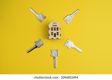 House Keys And House Model. Top View, Flat Lay.