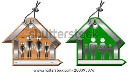 House labels with Family. Two labels in the shape of house with a metal cable and symbol of a family. Isolated on white background