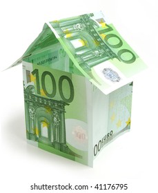 House made from hundred euro bills on white  background