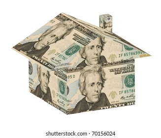 A house made out of money on a white background, money house