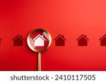 House and magnifying glass. Find a suitable home. Take a mortgage. Investments in immovable assets. Property Inspection before purchase to uncover any issues. Searching for real estate to buy.