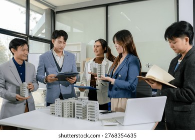 House model with agent asking costumer for contract to buy, get insurance or loan real estate or property.	