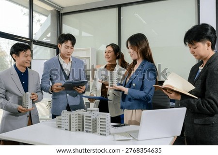 House model with agent asking costumer for contract to buy, get insurance or loan real estate or property.	