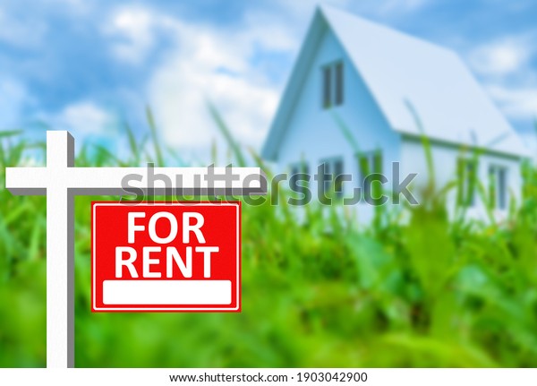 House model and inscription for rent. Concept -\
real estate agency. Rental house. Real estate agency services.\
Renting or buying a house. Long term cottage rental. Work in the\
rental business.