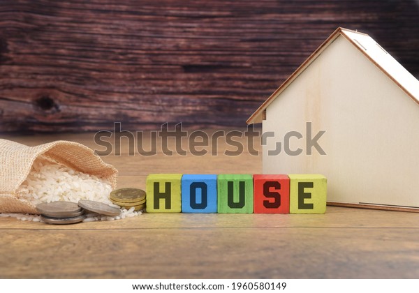 House and money wording with house figure and rice over\
a wooden background. Life, family, mortgage concept. Selective\
focus image. 