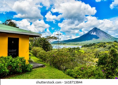 House In The Mountains, Landscape With Arenal Volcan In Costa Rica Central America