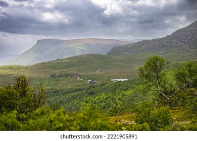 House in mountains.  Andøy Municipality in Nordland county, Norway. 