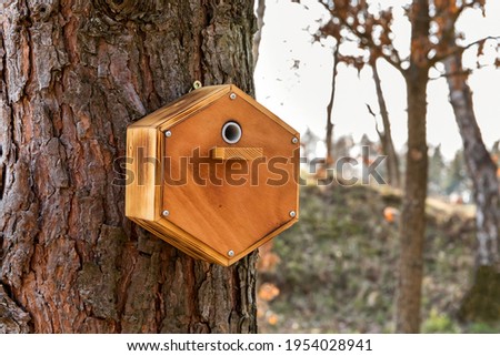 House for nesting bumble bees on a spring garden. Insect hotel or house in a garden environment. Bumblebee hive nest wooden man-made house shelter