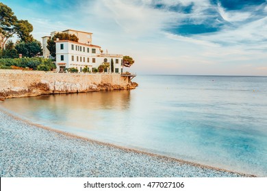 House On The French Riviera In Provence In The South Of France. Morning View Of Sea, Beach