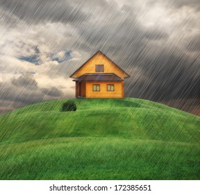 House On A Hill In Rainy Day