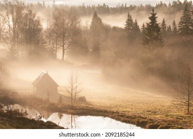 House On A Misty Day In The Countryside. Warm Golden Evening. Hazy Day In The Forest