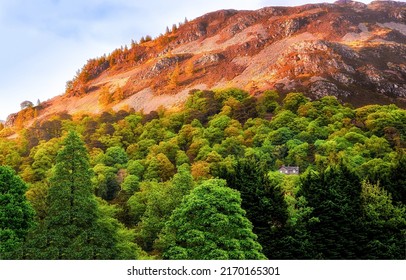 House on the mountainside in the forest. Forest hut on mountainside. Mountain forest house. Forest house on mountain hill - Shutterstock ID 2170165301