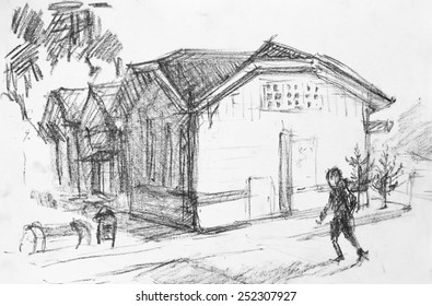 House on street, pencil drawing on canvas