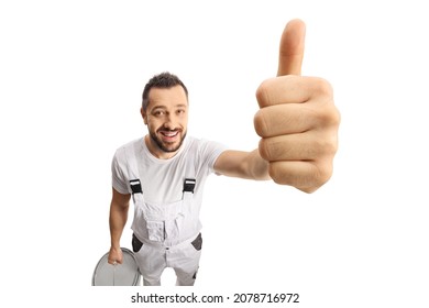 House Painter Smiling And Showing Thumbs Up In Front Of Camera Isolated On White Background