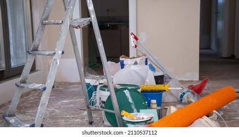 House Painting And Renovation With All The Tools Euquipments, Small But Messy Construction At Home, 