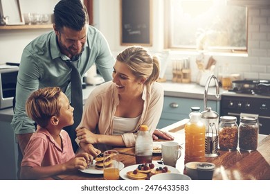 House, parents and boy with breakfast, funny and happiness in kitchen, bonding together and pancakes. Family, mother and father with kid, healthy food and meal with nutrition, wellness or cheerful - Powered by Shutterstock