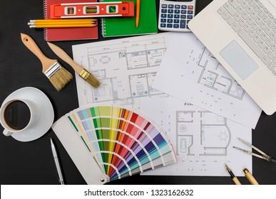 House Plan, Tools, Color Palette And Coffee
