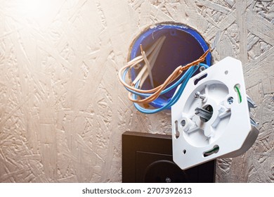 House problems, unsafe work concept. Photo of a lighting installation with an old ceramic light bulb socket improvised electrical wire connection