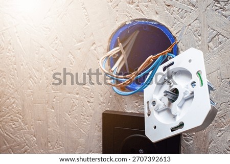 House problems, unsafe work concept. Photo of a lighting installation with an old ceramic light bulb socket improvised electrical wire connection
