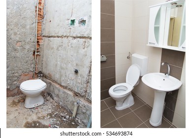 House Renovation - Before And After The Renovation Of A Bathroom. 