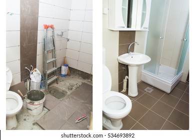 House Renovation - Before And After The Renovation Of A Bathroom. 