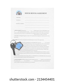 House Rental Agreement And Key With House Shaped Keychain On White Background