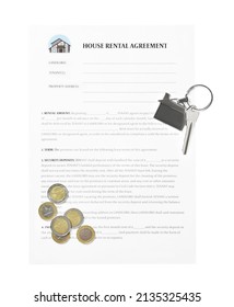 House Rental Agreement, Money And Key With House Shaped Keychain On White Background