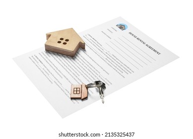 House Rental Agreement, Wooden Figure Of House And Key With Keychain On White Background