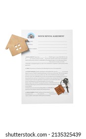 House Rental Agreement, Wooden Figure Of House And Key With Keychain On White Background